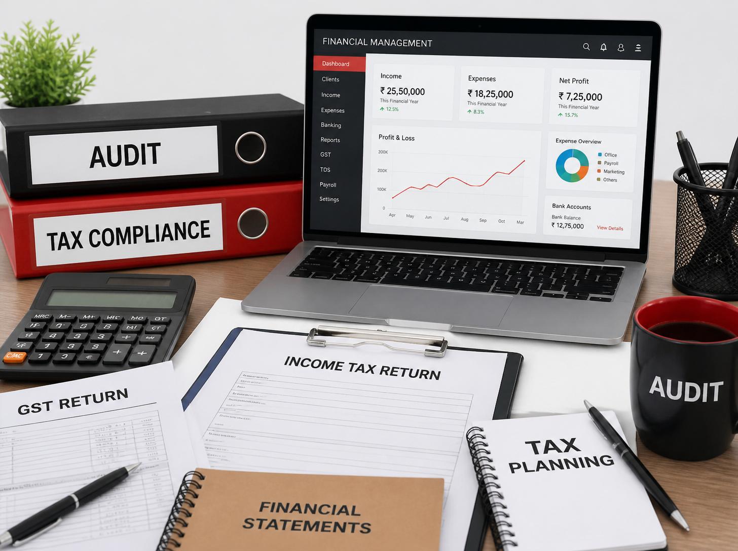 Audit files, GST and income tax returns, and financial dashboard reflecting SIA Tax Consultancy's day-to-day compliance work in Haripad